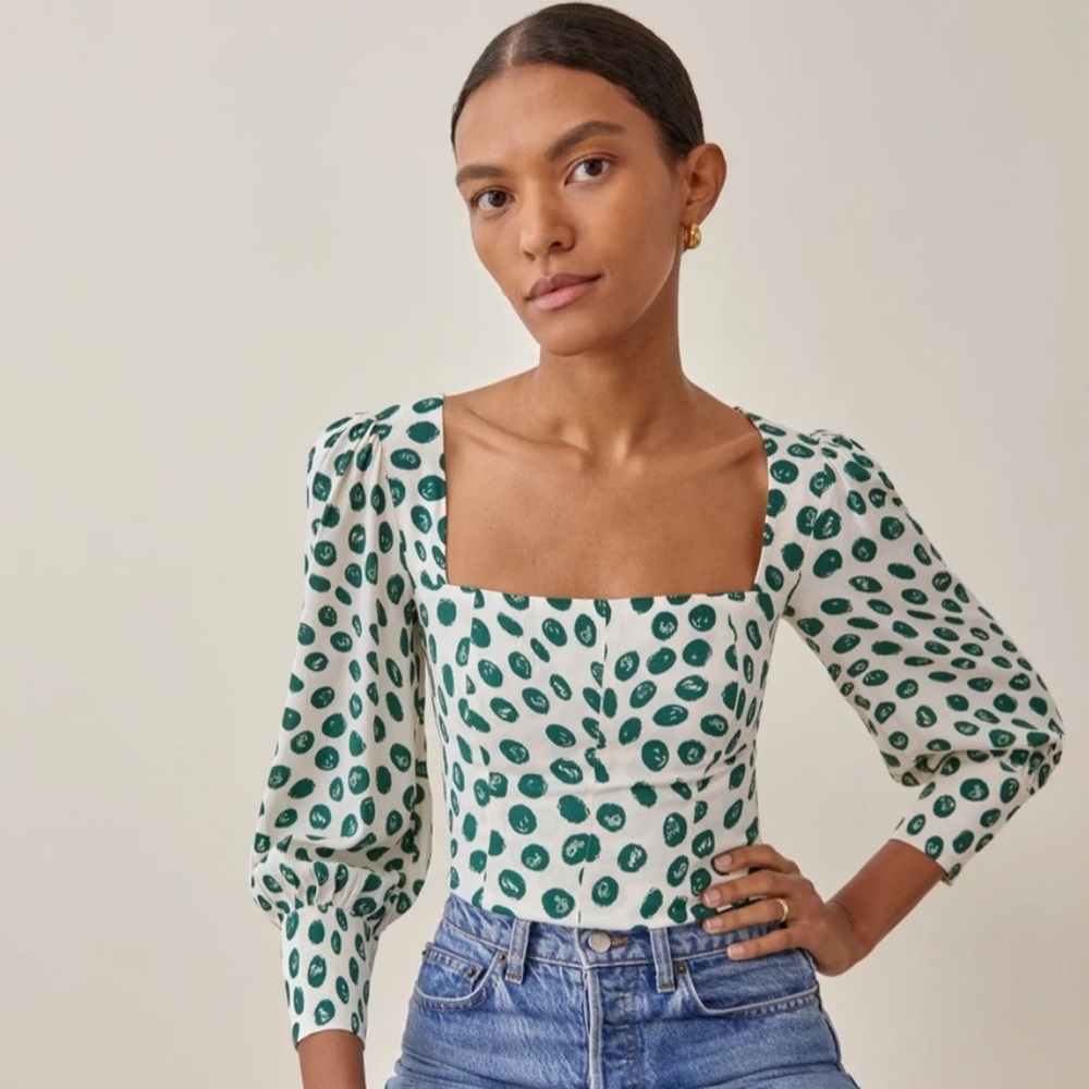 Reformation 3/4 Sleeve Top - Green & White Size 6